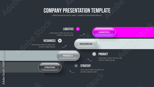 Marketing Campaign Frame Design Vector Illustration. Financial Launch Four Element Diagram Slide Layout. Advertising Performance 4 Option Infographic Presentation Template.