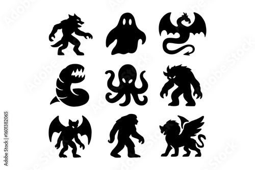 Set of spooky creature silhouettes featuring dragons, ghosts, and mythical beasts