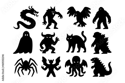 Silhouette monster icons: diverse creatures in bold black design