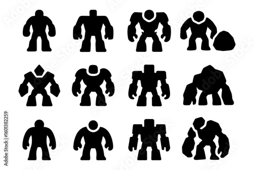 Silhouette set of robot characters in various poses and transformations