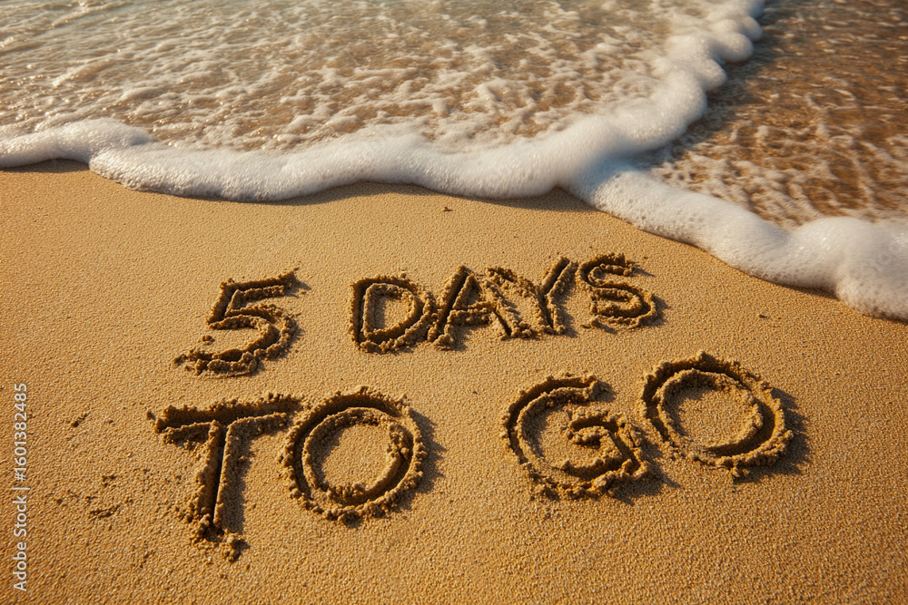 Fototapeta premium 5 DAYS TO GO' Written in Damp Sand with Foam and Sunlight – Organic Text Message in Peaceful Beach Layout