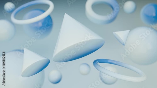 Abstract 3D Floating light blue spheres cones and rings. Gradient abstract 3D seamless loop - motion background for creative video project.