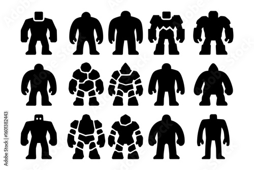 Diverse robot silhouettes set in bold black icon style