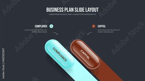 Modern Analysis 2 Element Infographic Slide Design. Project Launch Two Step Diagram Presentation Layout. Creative Performance Frame Template Vector Illustration.