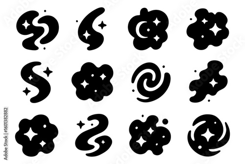 Cosmic elements: black silhouette symbols with stars and galaxies in minimal design