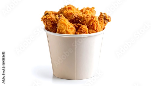 Crispy fried chicken in a paper bucket