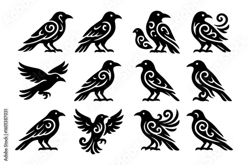 Elegant crow silhouettes with ornamental patterns in black and white