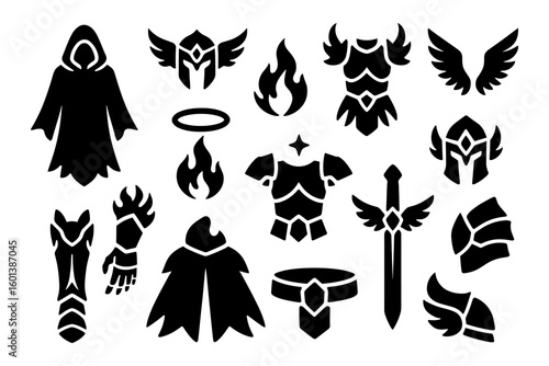 Fantasy armor and weapons silhouette collection for rpg games