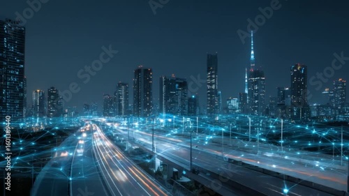 Wallpaper Mural Futuristic cityscape at night with glowing car light trails and network connections Torontodigital.ca