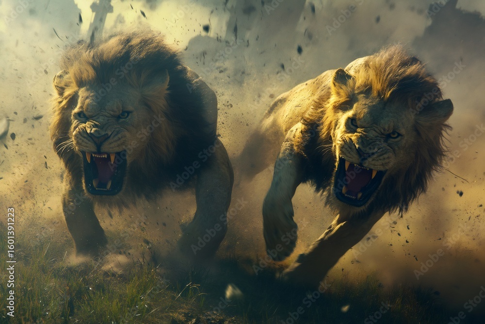 Naklejka premium Two male lions running and roaring fiercely during a fight in the African savanna, dust and debris flying around them