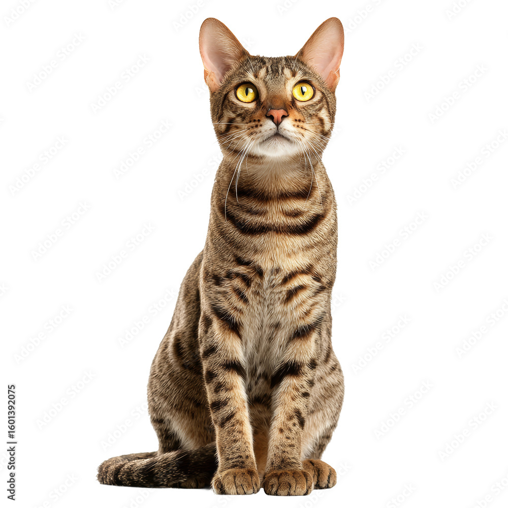 Fototapeta premium A beautiful cat with stunning eyes, sitting upright and alert. The cat has a striped pattern in the fur