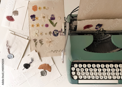 vintage typewriter and paper and flowers