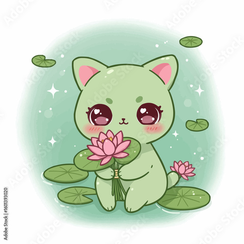 Cute green cat holding a pink water lily among lily pads  