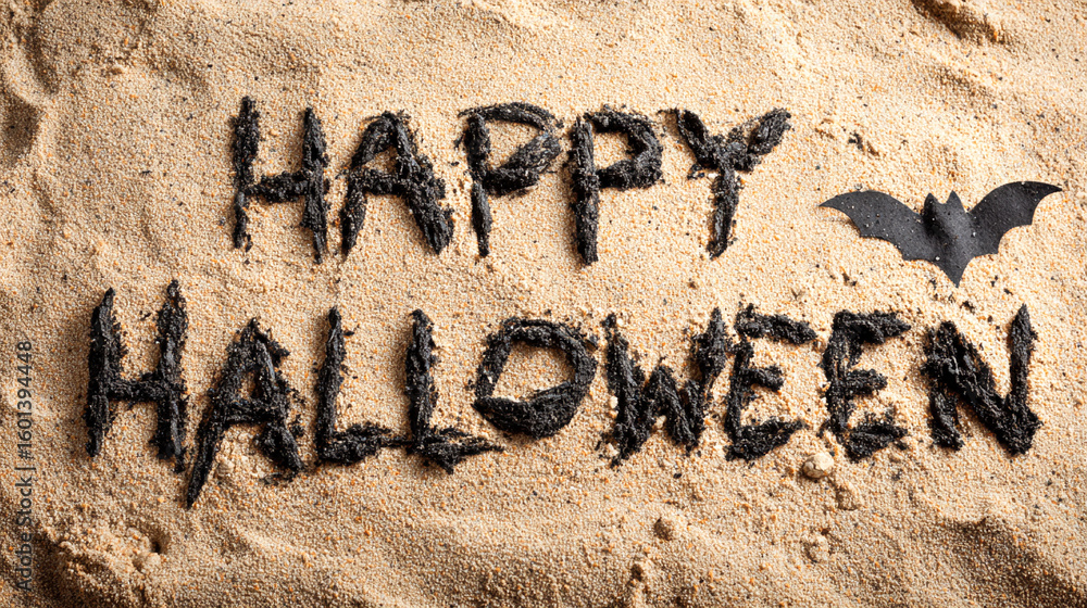 Fototapeta premium Playful Halloween Message HAPPY HALLOWEEN in Sand with Small Icon Details for Festive Coastal Designs