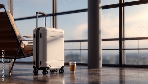 White Suitcase with Black Wheels and Open Coffee Cup on Airport Floor by Large Windows Overlooking Exterior View