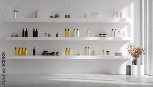 Modern Minimalist Beauty Salon with Sleek White Shelves Displaying Elegant Skincare Bottles Against Clean All-White Background