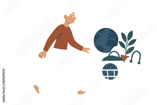 A tiny person embodying the concept of an eco-consumer with a green lifestyle makes zero-waste choices to conserve the planet's water and resources through ecological and biological shopping in the