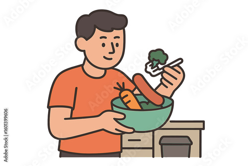 Vector illustration of hands disposing of leftover food into a recycling waste can