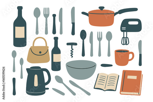 Handdrawn illustration of zero waste items with typography, featuring a set of reusable containers isolated as cliparts on a white background