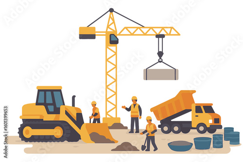 Isometric 3d vector illustration of a character at a large dump with various types of trash, including organic, metal, e-waste, and plastic, with a bulldozer shoveling garbage at a junkyard