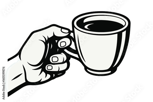 Continuous line draw design graphic vector illustration of a single one line drawing hand in side view holding paper to take away coffee or tea cups in a reusable mug of hot coffee for zero waste