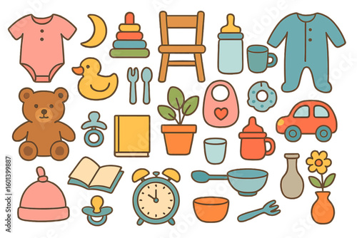 Collection of trendy baby clothes, accessories, and wooden toys, featuring a zero-waste nursery set with a body suit, montessori toys, cradle, and bassinet, presented as a hand-drawn vector