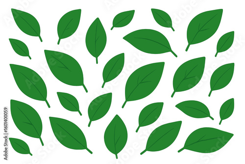 Vector illustration of a cosmetic pattern border featuring green flying leaves, a leaf falling banner, and a wave foliage ornament, symbolizing vegan, bio, eco, and organic design elements, suitable