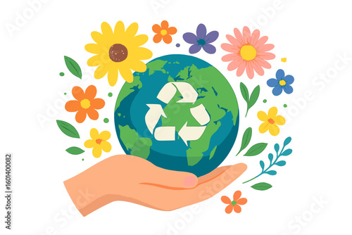 An illustration of a hand cradling the planet with a recycling symbol, representing support for the zero waste movement and promoting environmental protection and green living