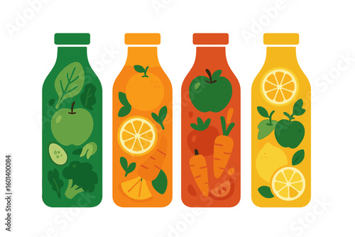 Vector illustration of detox and refreshment drink concept, featuring infused water with fruits, berries, herbs, and vegetables in glass jars
