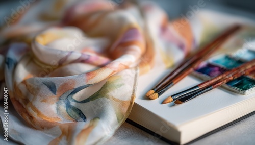 Vibrant Watercolor Scarf Painted on Silk with Soft Pastel Hues Beside Open Sketchbook Filled with Abstract Designs – Artistic Process of Scarf Creation