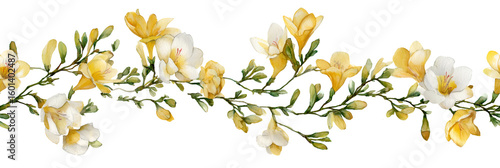 Seamless butter yellow freesia vines in delicate watercolour style