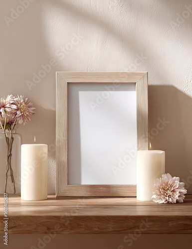 Light Wooden A4 Frame Mockup on Table Surrounded by White Candles and Daisies Against Soft Pastel Beige Background