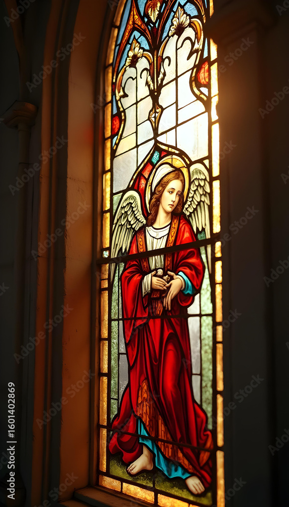 Fototapeta premium Ornate stained glass angels glow with sunlight in historic church window 