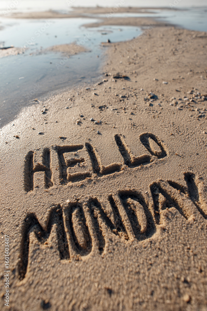 Fototapeta premium HELLO MONDAY Drawn in Bold Lines in Wet Sand with Bright Natural Light for Hero Banners