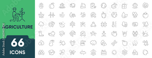 Agriculture Line Icon Set. Set of 66 outline icons including farming, crops, irrigation, livestock, gardening, tools, smart farm, and seeding. Editable stroke. Linear vector illustration.