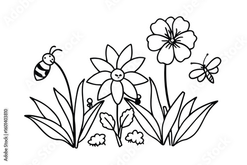 Outline Garden Flowers And Insects
