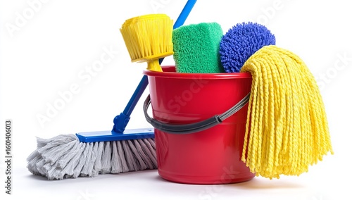 Colorful Cleaning Bucket with Floor Mop and Three Cleaning Tools — Household Cleaning Equipment Isolated on White Background