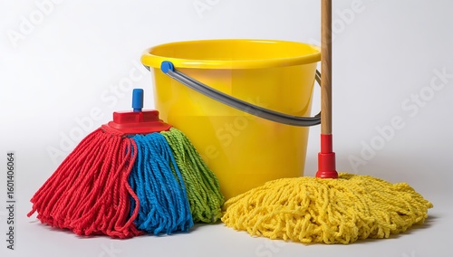 Colorful Cleaning Bucket with Floor Mop and Three Cleaning Tools — Household Cleaning Equipment Isolated on White Background