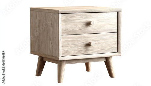 3D Rendered Wooden Bedside Table with Two Front Drawers — Minimalist Furniture Design on White Background