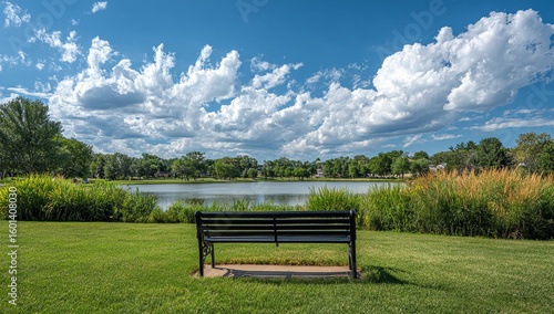 Serene Lakeside Park with Green Grass, Trees, Bench, and Clear Blue Sky — Peaceful Nature Scene with Open Picnic Area