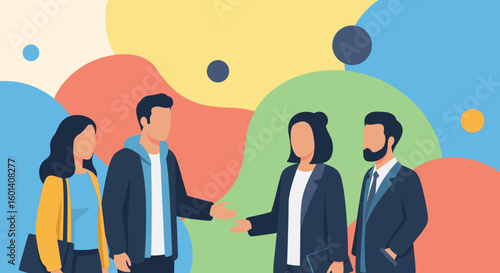 Diverse team meeting, collaboration, partnership concept illustration for website banners and presentations.