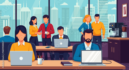 Diverse team of professionals working collaboratively in a modern office, perfect for illustrating teamwork and productivity on a company website or brochure.