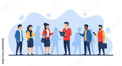 Diverse business people networking and collaborating, ideal for presentations on teamwork and communication.
