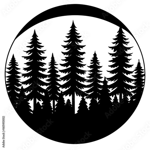 Evergreen trees forest landscape circle frame silhouette vector illustration