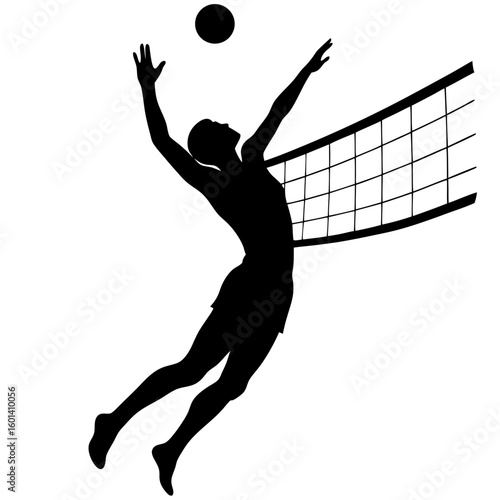 Volleyball player spiking ball over net silhouette vector illustration