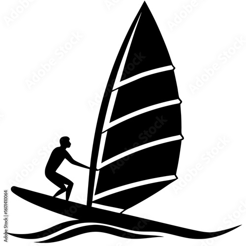 Windsurfer on board sailing over water silhouette vector illustration