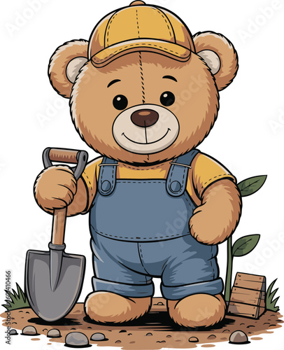 A cute labour teddy bear standing on a mud holding a shovel clipart t-shirt design for dtf