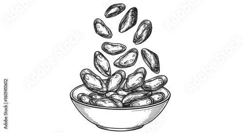 Vintage ink sketch of mussels dropping into clay bowl cooking process, hand-drawn black and white illustration, vector engraving or woodcut

