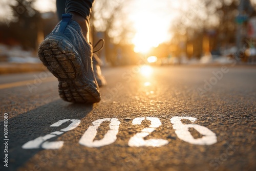 Inspiring runner stepping over 2026 painted on the road at sunrise, symbolizing future goals on transparent background