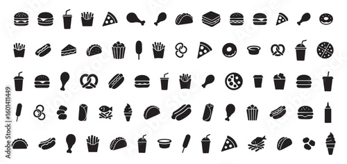 Set of Black silhouettes of diverse fast food items and beverages, isolated on white background concept of snacks, burgers, pizza, soft drinks, cafe, menu design, junk food, takeout menu, snack icons